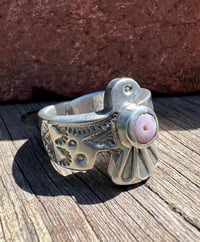 Image 2 of WL&A Handmade Old Style Heavy Ingot Pink Opal Heishi Thunderbird Ring - Size 11