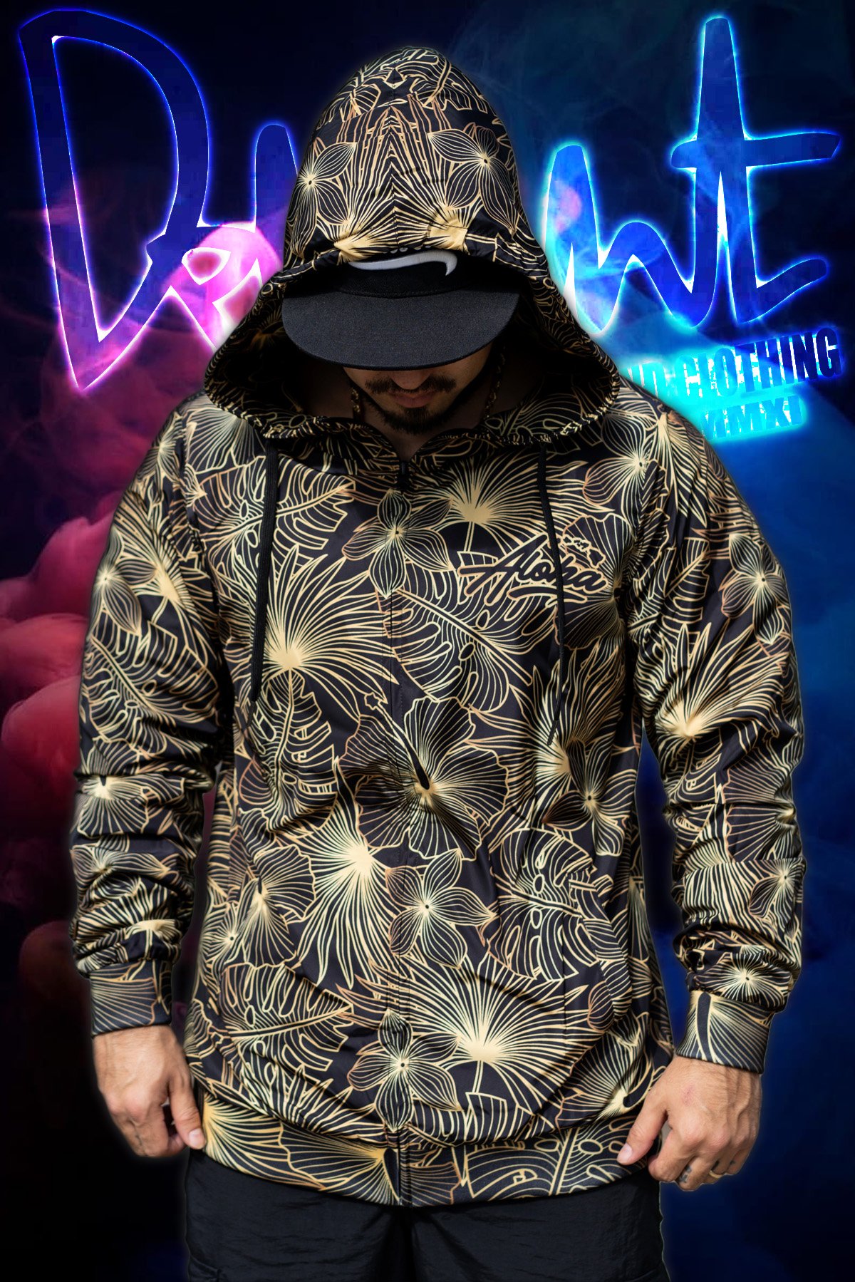 Aloha Islands - Black/Gold Hibiscus Windbreaker