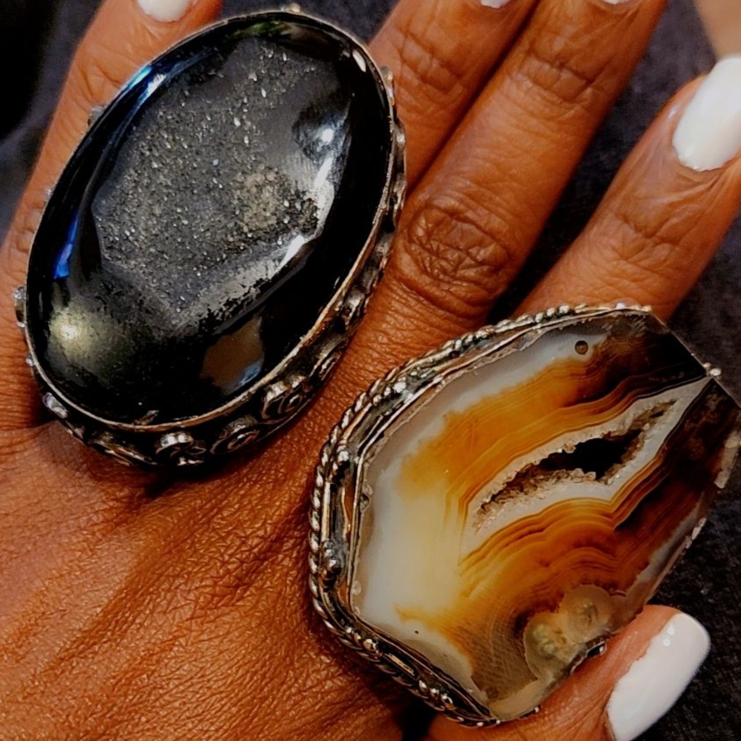 Image of The EB Handcrafted Goddess Rings: Black Tektite & Brazillian Agate