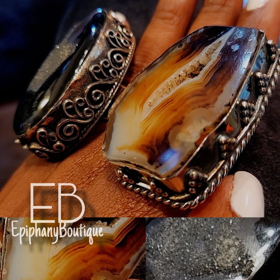 Image of The EB Handcrafted Goddess Rings: Black Tektite & Brazillian Agate