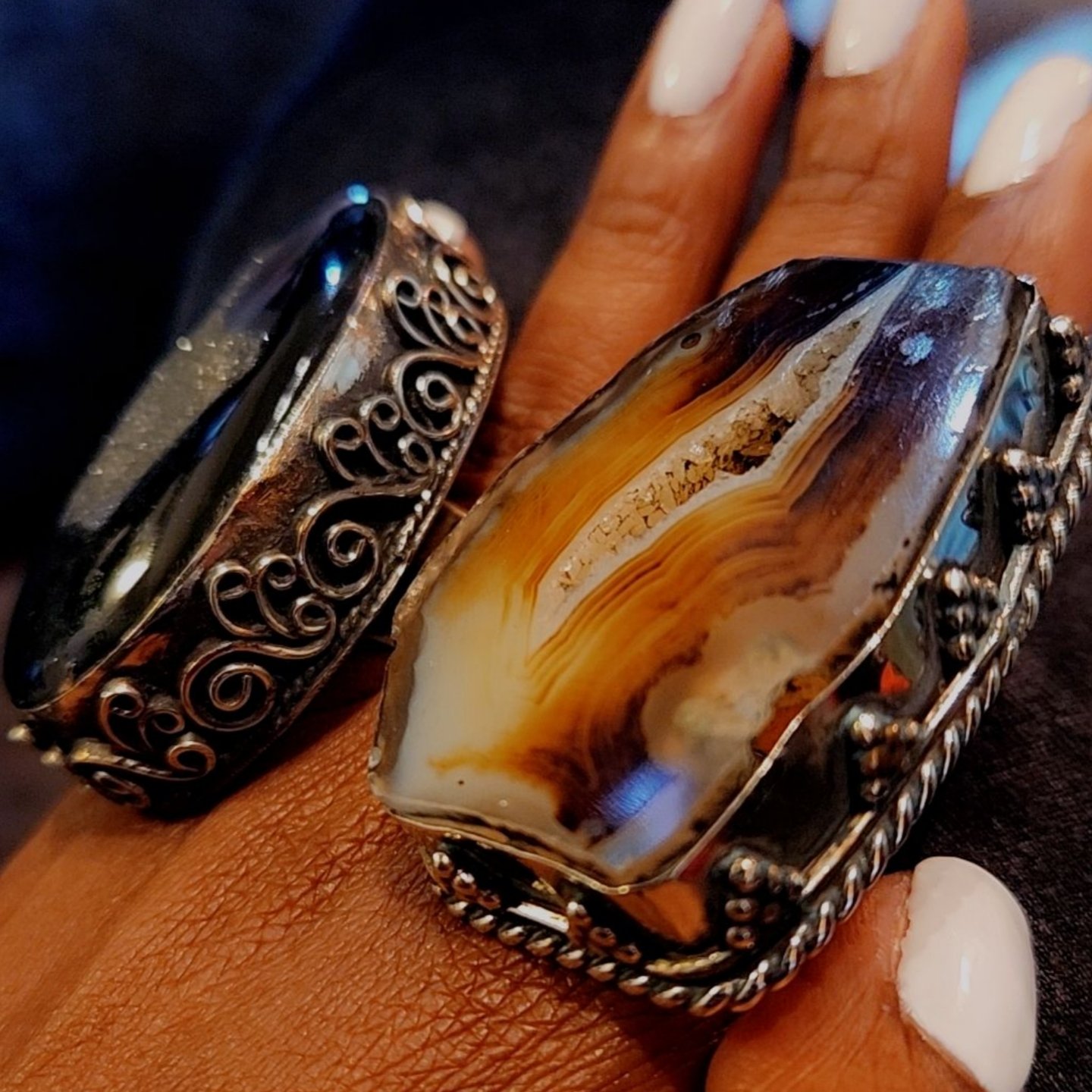 Image of The EB Handcrafted Goddess Rings: Black Tektite & Brazillian Agate