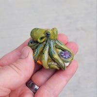 Image 1 of LG. Little Streaky Olive Green Octopus - Flameworked Glass Sculpture Bead