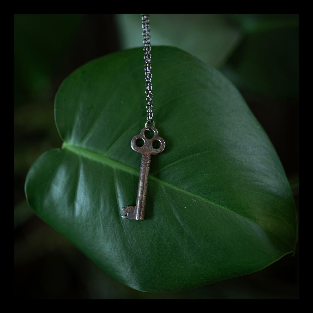 Skeleton key with three holes on gunmetal chain