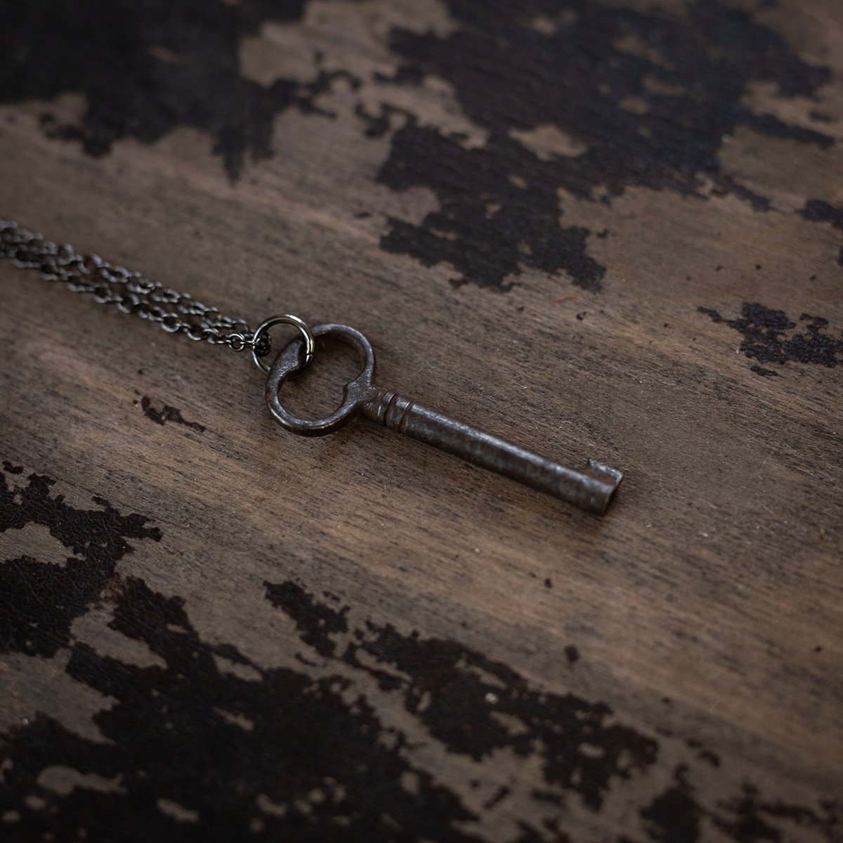 Dark skeleton key on gunmetal chain