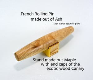 Image of French Wooden Rolling Pin with handmade stand, tapered rolling pin, ash wood rolling pin
