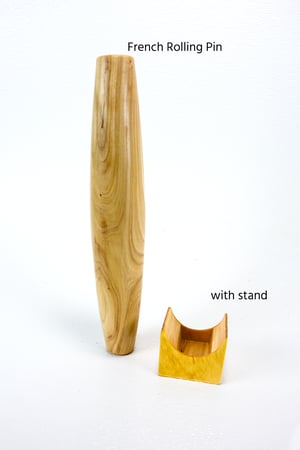 Image of French Wooden Rolling Pin with handmade stand, tapered rolling pin, ash wood rolling pin