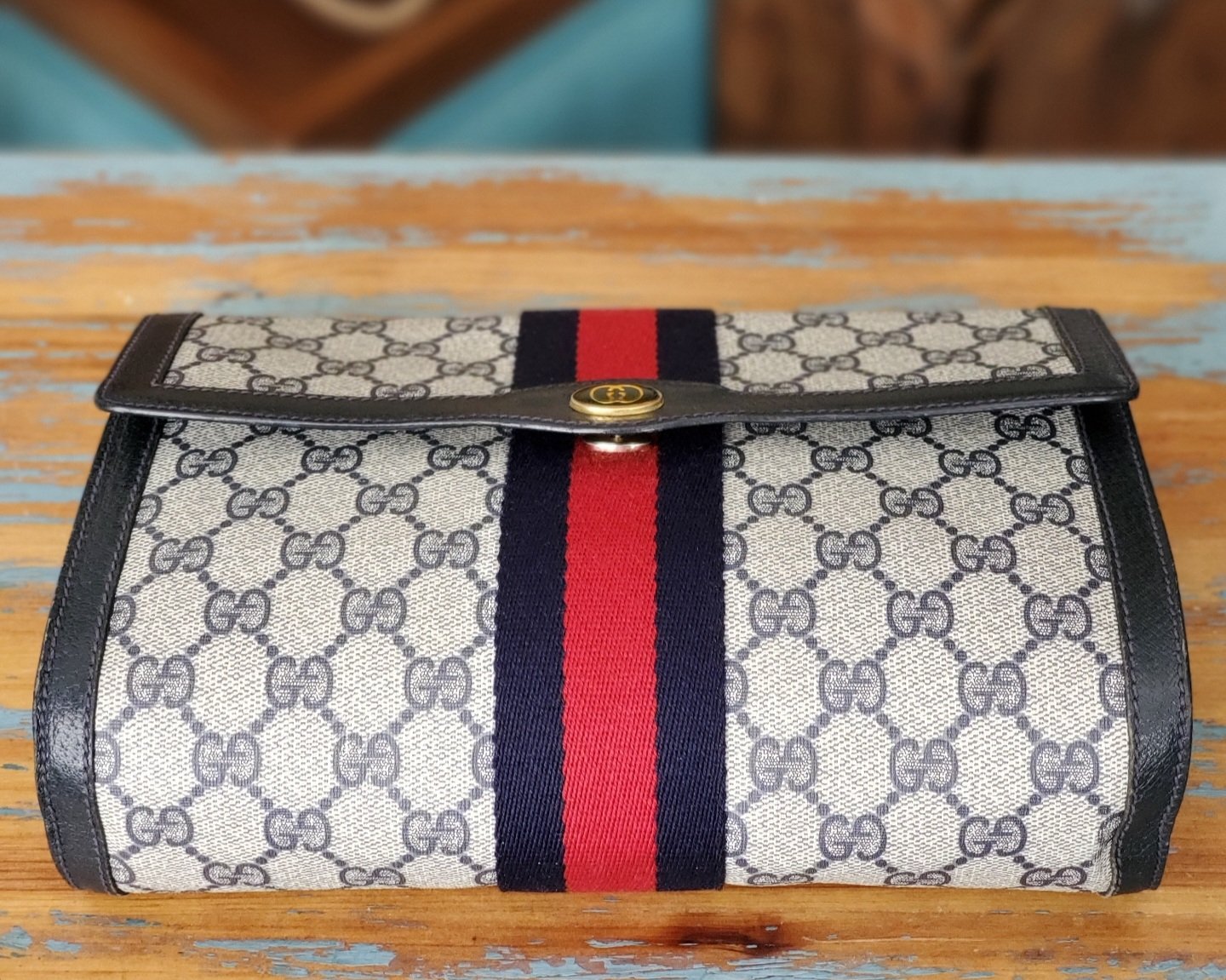 VINTAGE GUCCI FINDS Vtg Gucci Blue Monogram Clutch Bag