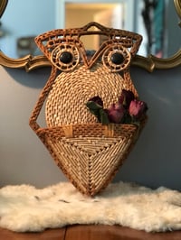 Image 1 of 1970’s Wicker Owl Hanging Wall Pocket & Mail Holder