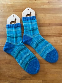 Image 1 of Turquoise & blue striped hand knit wool socks. Size 7-10 uk. 75% wool 25% nylon. 