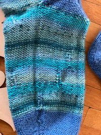 Image 2 of Turquoise & blue striped hand knit wool socks. Size 7-10 uk. 75% wool 25% nylon. 