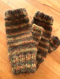 Image 1 of Brindle green and brown wool ladies gloves hand knit