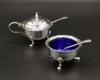 Antique Set Of Silver Plated Salt Cellar And Mustard Pot With Blue Glass Liners