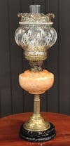 Antique Oil Lamp Duplex Burner Acid Etched Glass Shade With Glass Font