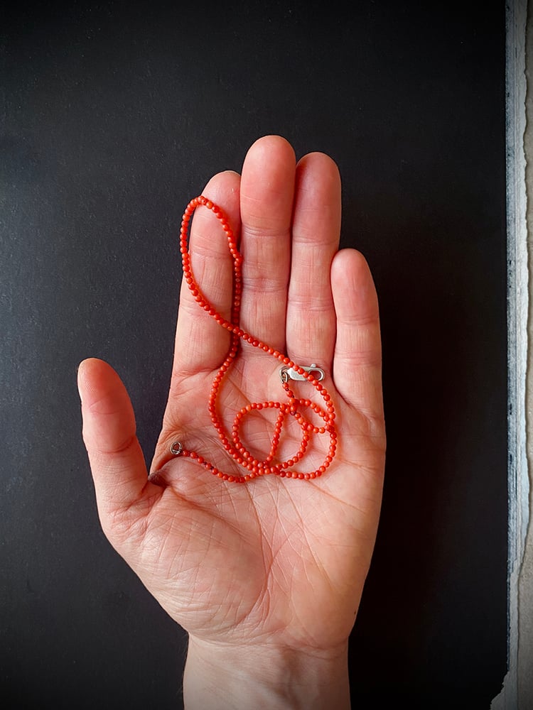 FEELINGS RUSH THROUGH VEINS OF RED

The necklace consists fine delicate bamboo coral beads strung by hand on a silk thread.
It's a minimal chain that sits fluidly around your neckline.

Length approximately 46 cm long with a sterling silver lobster clasp closure.

Joining the woman of today in her daily adventures.

Wear it on its own or alongside your other favorites.

But please realize that this deep-sea coral is a precious material!
Buy less, and use longer what ...