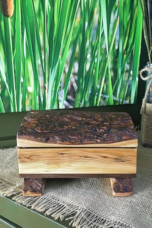 Image of Cherry Wood with Walnut Bottom Rustic Keepsake Box, Cherry Bark wood lid, Rustic Home Decor