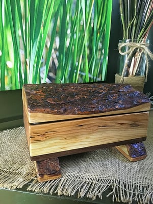 Image of Cherry Wood with Walnut Bottom Rustic Keepsake Box, Cherry Bark wood lid, Rustic Home Decor