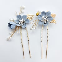 Image 1 of Blue Velvet Flower Bridal Hair Pins with Pearls and Rhinestones - Set of 2