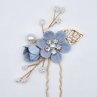 Image 3 of Blue Velvet Flower Bridal Hair Pins with Pearls and Rhinestones - Set of 2