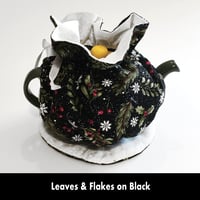 Image 1 of Traditional Round Tea Cozy - Leaves & Flakes on Black