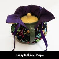 Image 3 of Traditional Round Tea Cozy - Happy Birthday - Purple
