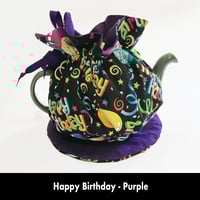 Image 1 of Traditional Round Tea Cozy - Happy Birthday - Purple