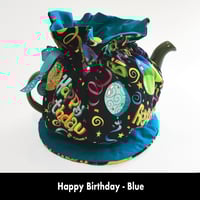 Image 1 of Traditional Round Tea Cozy - Happy Birthday - Blue