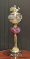 Antique Banquet Oil Lamp With Marigold Etched Glass Shade And Cranberry Font