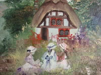 Image 3 of Vintage Oil Painting, Girls in Cottage Garden by Pat Langton, Victorian Edwardian Style, Framed 