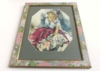 Image 2 of Vintage 1970s Popular Art Print, Young Woman with Flowers, in Floral Frame Size 16 1/8 x 13 1/8 ins 