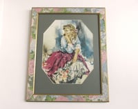 Image 1 of Vintage 1970s Popular Art Print, Young Woman with Flowers, in Floral Frame Size 16 1/8 x 13 1/8 ins 