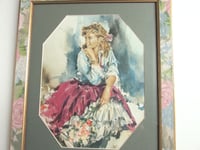 Image 3 of Vintage 1970s Popular Art Print, Young Woman with Flowers, in Floral Frame Size 16 1/8 x 13 1/8 ins 