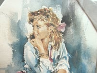 Image 4 of Vintage 1970s Popular Art Print, Young Woman with Flowers, in Floral Frame Size 16 1/8 x 13 1/8 ins 