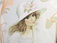 Image 2 of Vintage 1970s Art Print, Woman in Wide Brim Hat with Big Brown Eyes, Framed Size 16 1/4 x 13 1/8 ins
