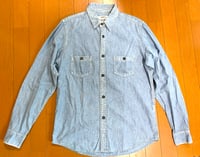 Image 1 of FDMTL indigo dyed chambray shirt with bandana detail, size 2 (M)