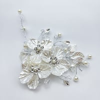 Image 1 of Classic White & Silver Floral Hair Comb with Rhinestones & Pearls