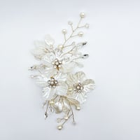 Image 1 of Classic White & Gold Floral Hair Comb with Rhinestones & Pearls