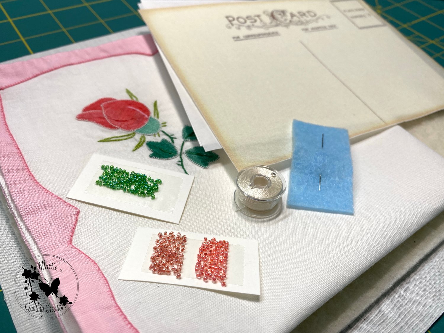 Image of Vintage Postcard Kit- Pink Coral Floral Madiera Applique'