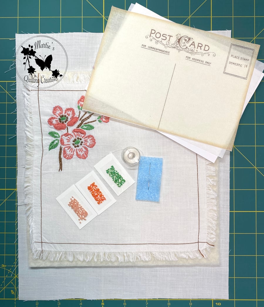 Image of  Vintage Postcard Kit-  Coral Floral Embroidered Tea Napkin