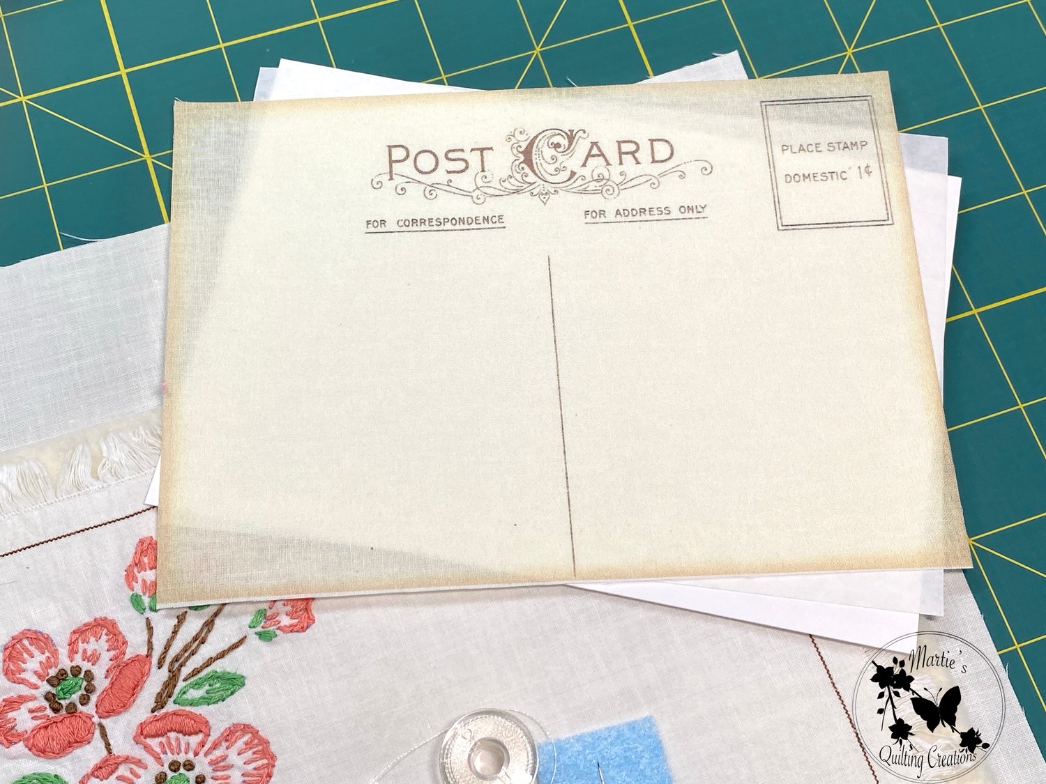 Image of  Vintage Postcard Kit-  Coral Floral Embroidered Tea Napkin