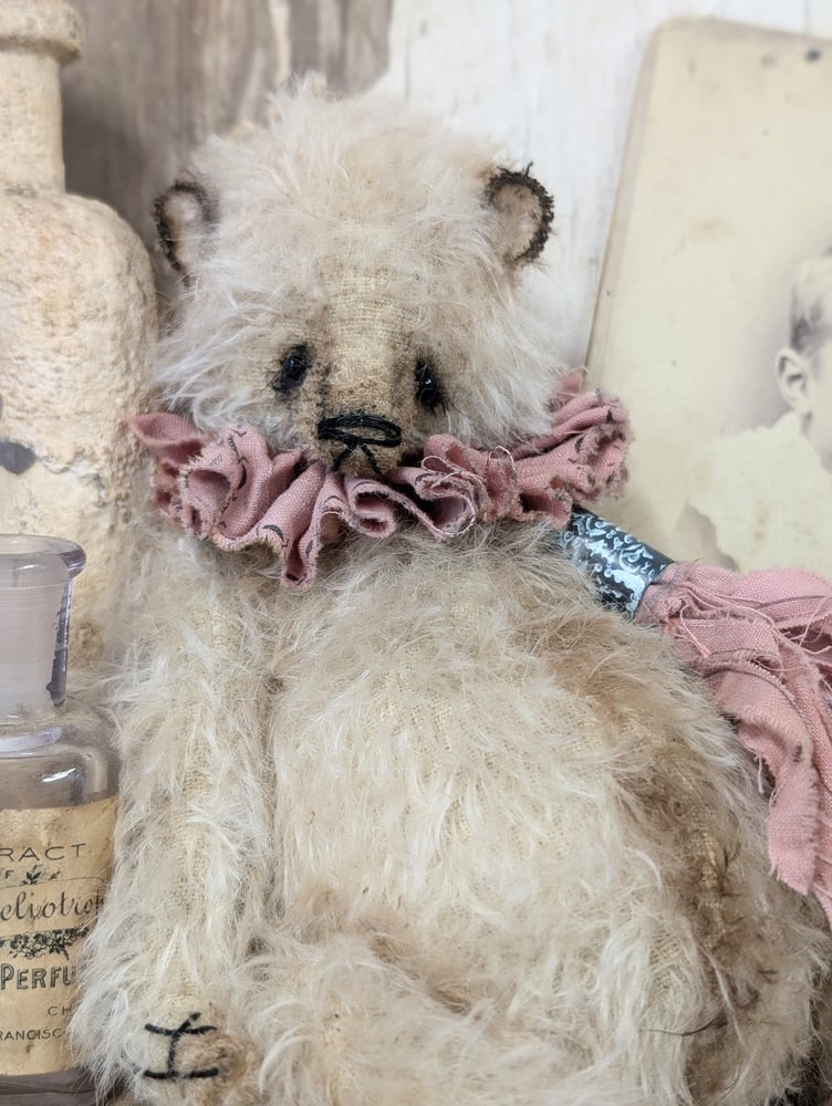 Image of 9"  Vintage Shabby Style CREAM MOHAIR bear w/handmade bullet shell tassel charm by whendi's bears