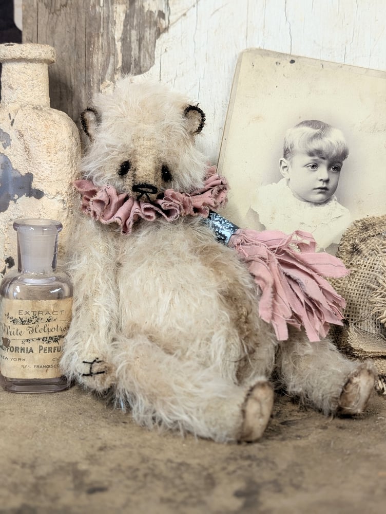 Image of 9"  Vintage Shabby Style CREAM MOHAIR bear w/handmade bullet shell tassel charm by whendi's bears