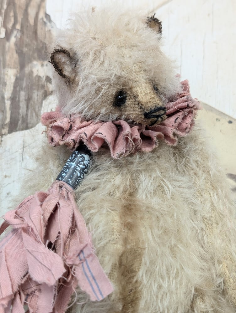 Image of 9"  Vintage Shabby Style CREAM MOHAIR bear w/handmade bullet shell tassel charm by whendi's bears