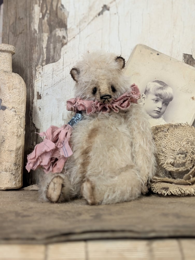 Image of 9"  Vintage Shabby Style CREAM MOHAIR bear w/handmade bullet shell tassel charm by whendi's bears