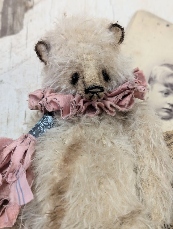 Image of 9"  Vintage Shabby Style CREAM MOHAIR bear w/handmade bullet shell tassel charm by whendi's bears