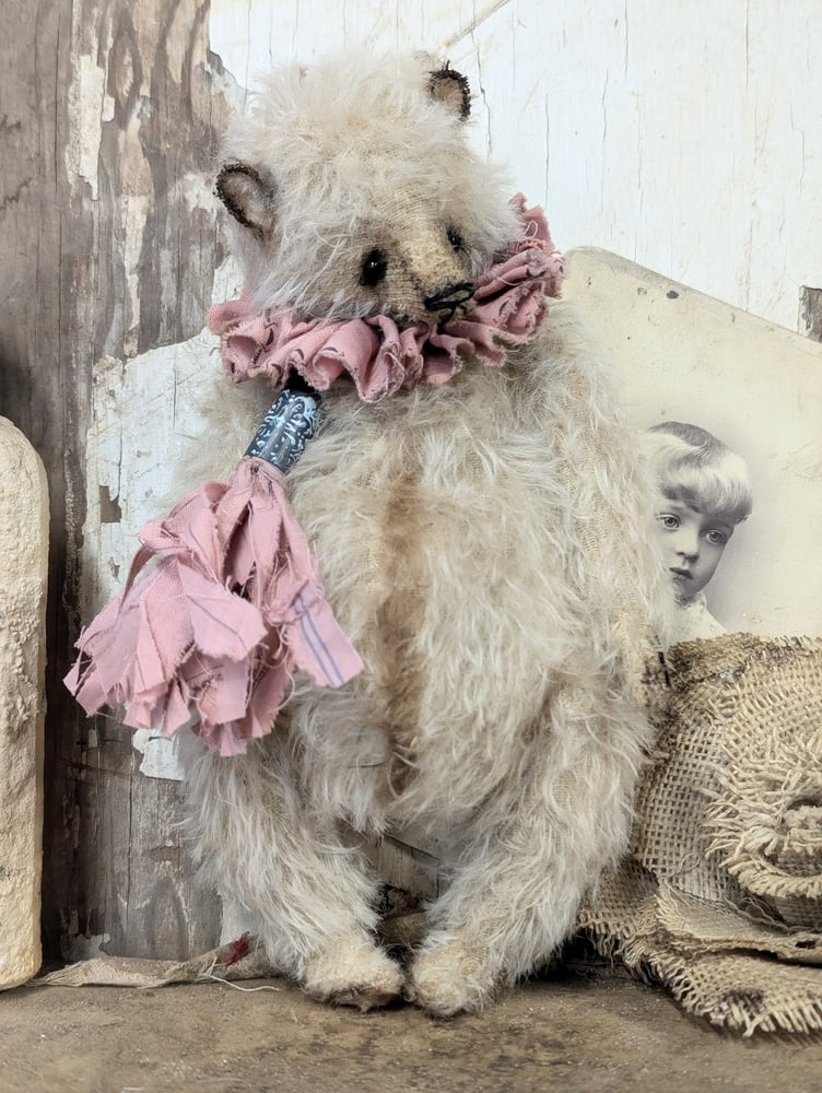 Image of 9"  Vintage Shabby Style CREAM MOHAIR bear w/handmade bullet shell tassel charm by whendi's bears