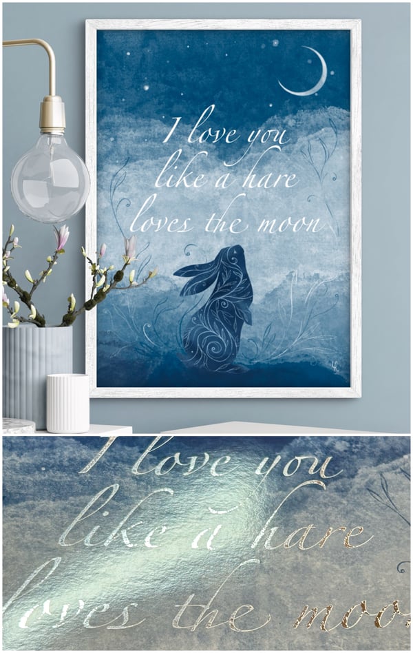 Image of ‘Hare Loves The Moon’ Metallic Silver Foil Print