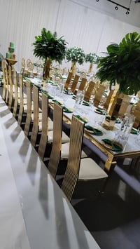 Image 2 of Gold / white glass top stainless steel frame dinning table _ seats 10 guest