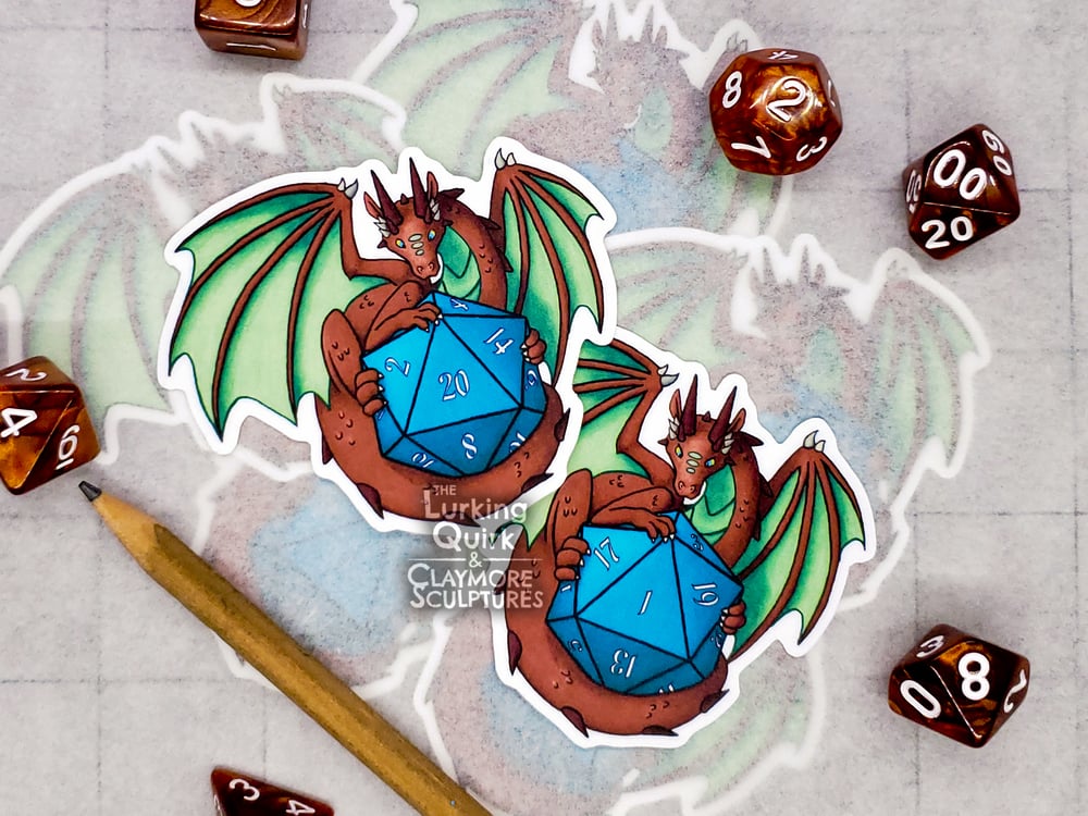 Brown Dragon with Teal D20 - 3in Vinyl Sticker