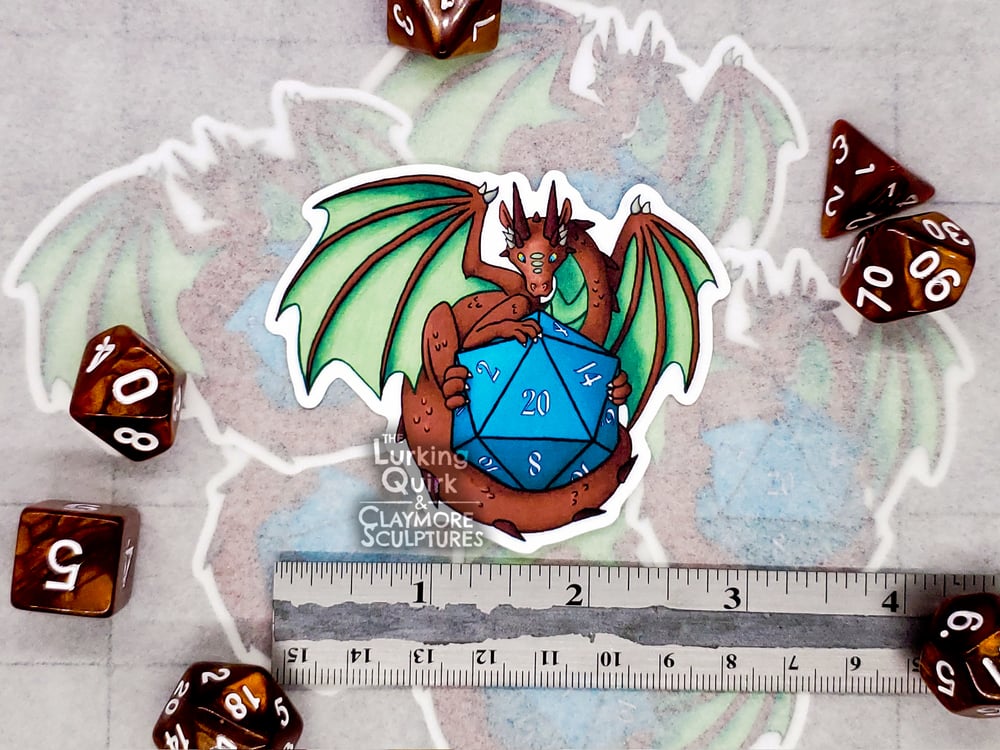 Brown Dragon with Teal D20 - 3in Vinyl Sticker