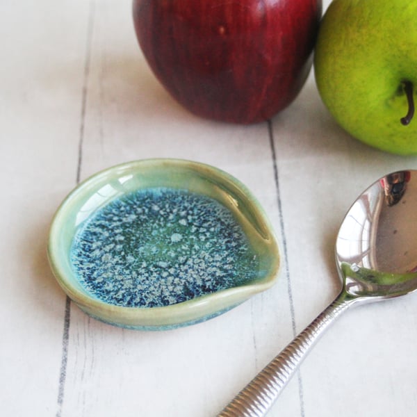 Image of Small Spoon Rest, Shimmering Green Ceramic Spoon Holder for Your Coffee Station, Made in USA